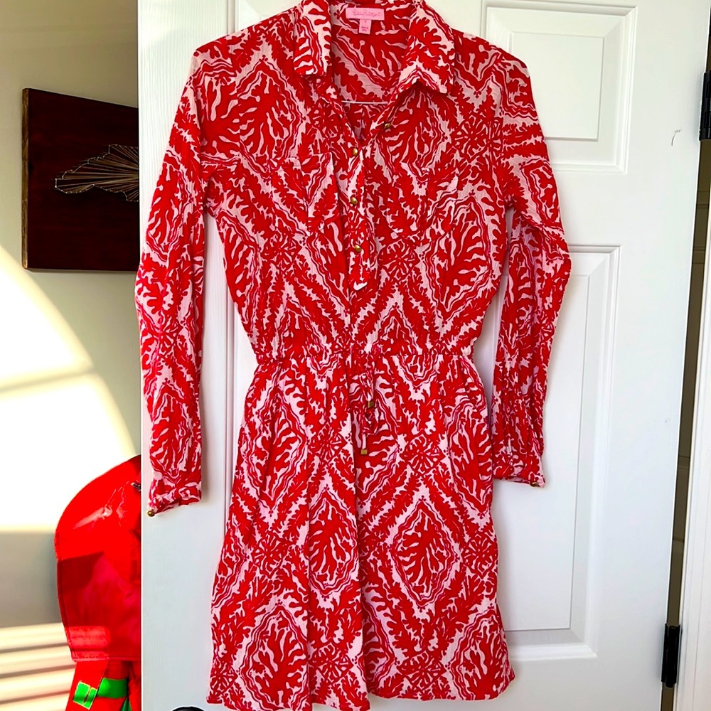 Lilly Pulitzer coral print shirt dress